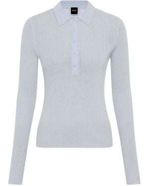 BOSS Ribbed-Knit Polo Top - Blue