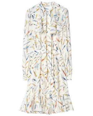 Burberry Ruffled Feather Print Silk Dress - White