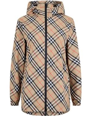 Burberry Diagonal Check Hooded Mid-Length Coat - White