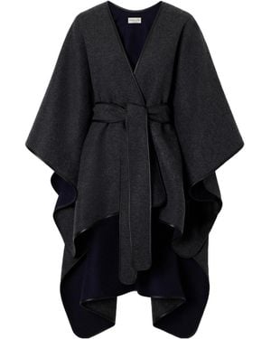 Johnstons of Elgin Leather-Trimmed Two-Tone Wool Cape - Black