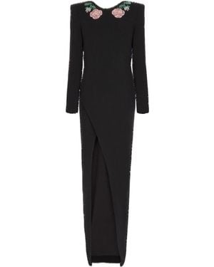 Balmain Long Backless Dress With Roses Embroidery - Black
