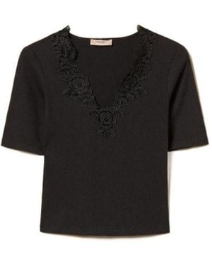 Twinset Lace Trim Cropped T-Shirt - Black