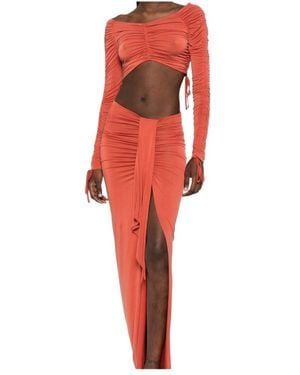 Balmain Ruched Long-Sleeve Crop Top - Red