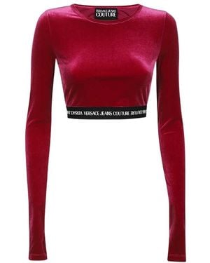 Versace Jeans Couture Logo-Waistband Cropped Velvet Top - Red