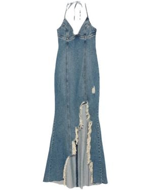 Blumarine Halter-Neck Frayed-Hem Denim Dress - Blue