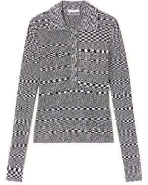 Ganni Striped Knitted Polo Shirt - Gray