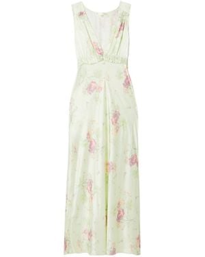 LoveShackFancy Suniva Ruffled Floral-Print Silk-Charmeuse Maxi Dress - White