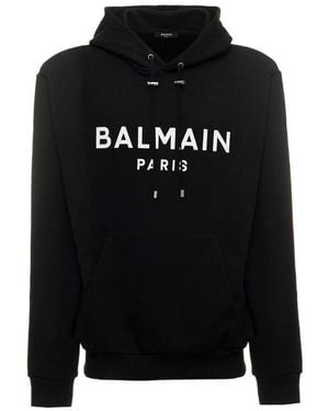Balmain Logo Printed Drawstring Hoodie - Black