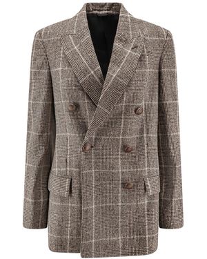 Brunello Cucinelli Checked Double-Breasted Long-Sleeved Blazer - Brown