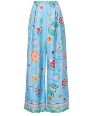CAMILLA Embellished Printed Silk Palazzo Trousers - Blue
