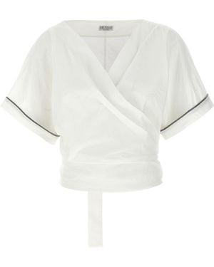 Brunello Cucinelli Shiny Trim Poplin Kimono-Style Top - White
