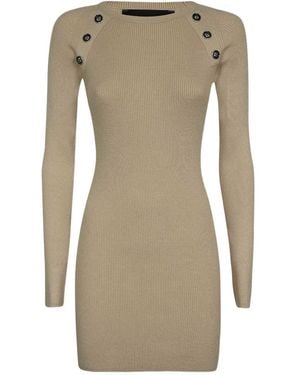 John Richmond Ribbed Knit Button-Embellished Dress - Natural