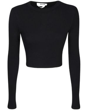 MSGM Cut-Out Crewneck Cropped T-Shirt - Black