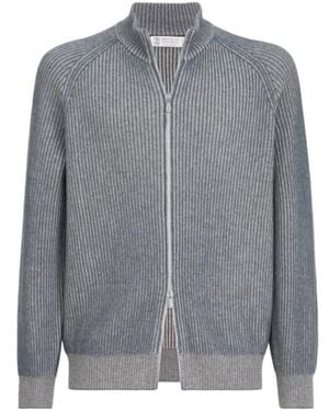 Brunello Cucinelli Cashmere Vanisé English Rib High-Neck Cardigan With Zipper - Gray
