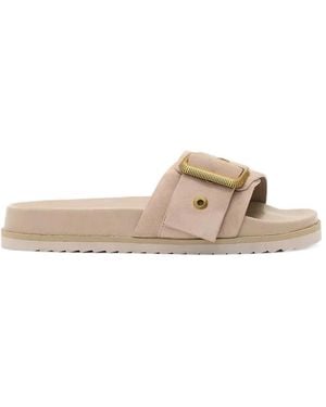 AllSaints Ellie Western Buckle-Detail Slides - Natural