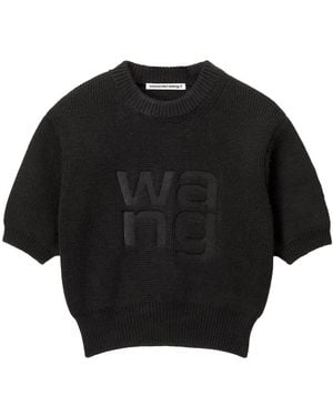 T By Alexander Wang Alexander Wang Logo Embroidered Knitted Cropped Top - Black
