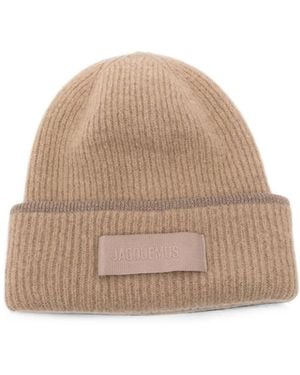 Jacquemus Logo-Patch Ribbed-Knit Beanie Hat - Natural