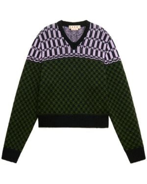 Marni Jacquard-Knit Geometric-Motif Sweater - Green