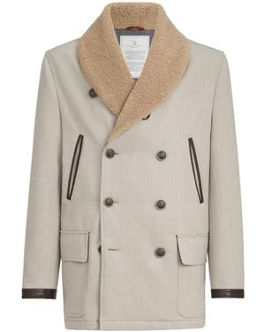 Brunello Cucinelli Wool And Cashmere Cavalry Coat With Thermore Padding And Shearling Collar - Natural