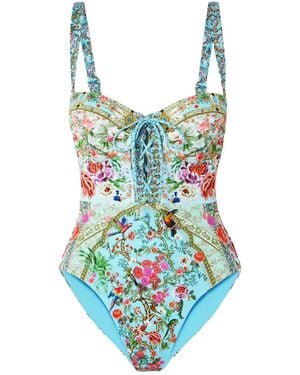 CAMILLA Lace-Up Crystal-Embellished Printed Recycled Swimsuit - Blue