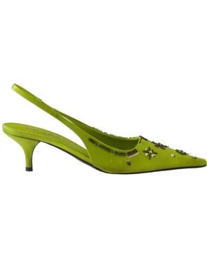Prada Embroidered Satin Slingback Pumps - Green