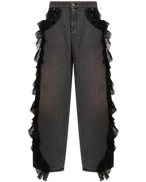 Blumarine Lace Ruffled Wide-Leg Jeans - Black