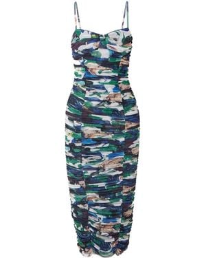 Mary Katrantzou Ruched Printed Stretch-Tulle Midi Dress - Blue
