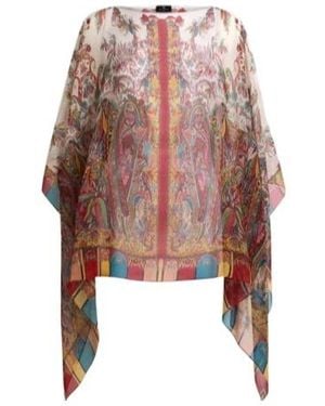 Etro Silk Poncho Top With Paisley Foliage Motif - Natural