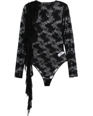 Oséree Osree Attached Scarf Floral Lace Volant Bodysuit - Black