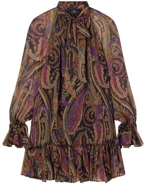 Etro Pussy-Bow Gathered Paisley-Print Mini Dress - Brown