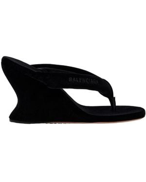 Balenciaga Gaeta Velvet Wedge Thong Sandals - Black