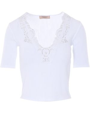 Twinset Lace Trim Cropped T-Shirt - White