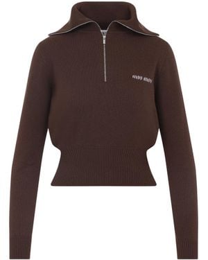 Miu Miu High-Neck Zip-Up Jumper - Brown