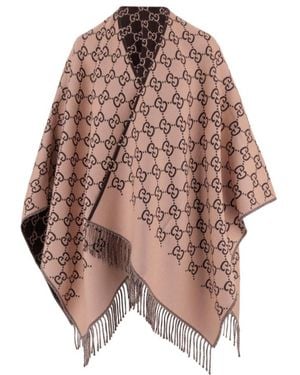 Gucci Gg Monogram Fringed Reversible Cape - Brown