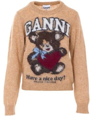 Ganni Graphic Bear Intarsia Knit Jumper - Pink