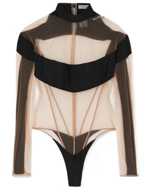 Mugler Illusion Stretch Jersey-Trimmed Tulle Thong Bodysuit - Black