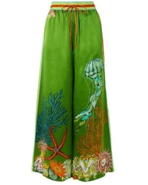 ALÉMAIS Marine Coral-Printed Silk Wide-Leg Trousers - Green