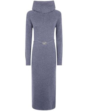 Twinset Cowlneck Belted Knit Midi Dress - Blue