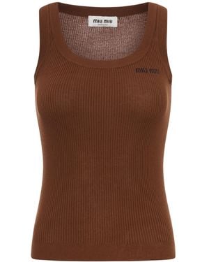 Miu Miu Ribbed Cotton Tank Top - Brown