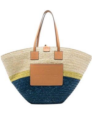 Etro Logo-Patch Straw Tote Bag - Blue