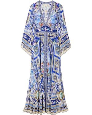 CAMILLA Shirred Printed Silk Maxi Dress - Blue