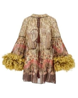 Valentino Paisley Printed Feather-Trim Blouse - Natural