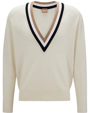 BOSS Color-Block Striped V-Neck Knit Jumper - White