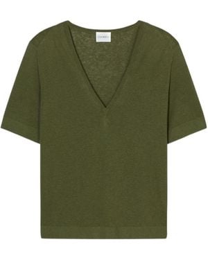 Closed V-Neck Short-Sleeve Knitted Top - Green