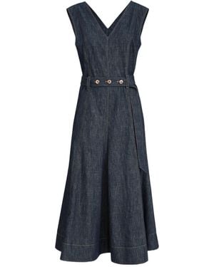 Brunello Cucinelli Cotton Denim-Effect Twill Flared Dress With Belt And Monili - Blue