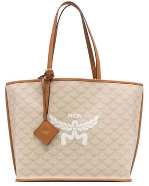 MCM Medium Himmel Lauretos Logo Printed Tote Bag - Natural