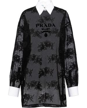 Prada Embroidered Lace And Poplin Mini-Dress - Black