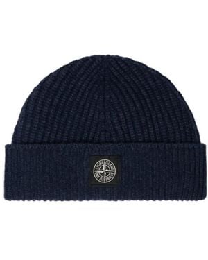 Stone Island Ribbed-Knit Logo-Patch Beanie Hat - Blue