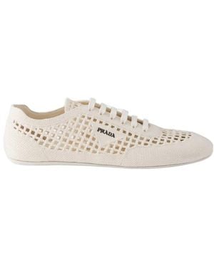 Prada Crochet Round-Toe Lace-Up Sneakers - White