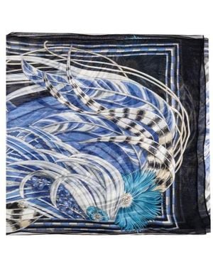 Ferragamo Ferragamo Feather-Print Fringed Scarf - Blue